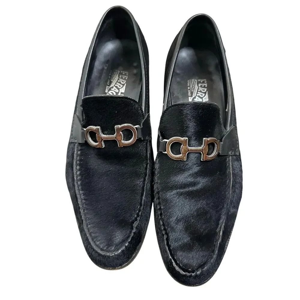 Salvatore Ferragamo Pony Hair Horse Bit Loafers Men's Black Size 8D